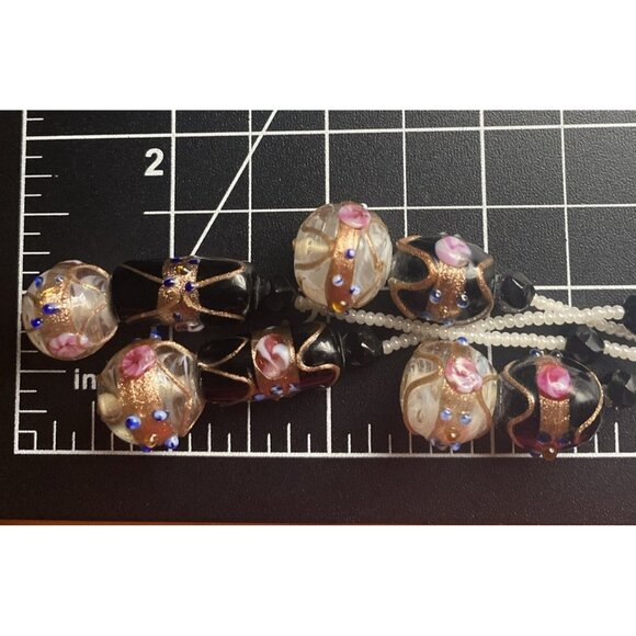 Handmade Wedding Cake Glass Bead Necklace 22" + 7" Drop B&W Multicolor Granny - Picture 7 of 8